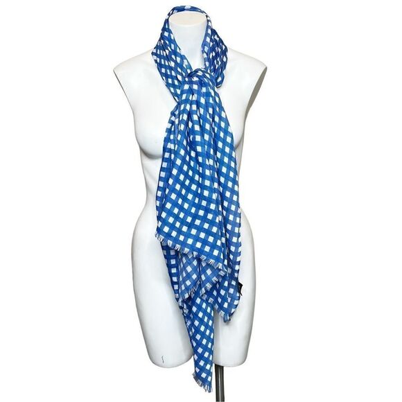 J. Crew Factory gingham blue and white lightweight scarf size 70” X 26” - Picture 1 of 9